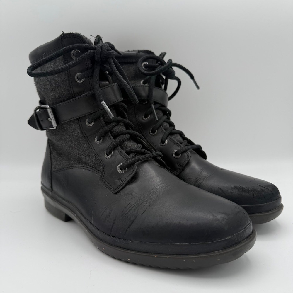 Womens UGG Kesey Black Leather Gray Wool Shaft Waterproof Round Toe Boots Size 9 - Picture 2 of 9